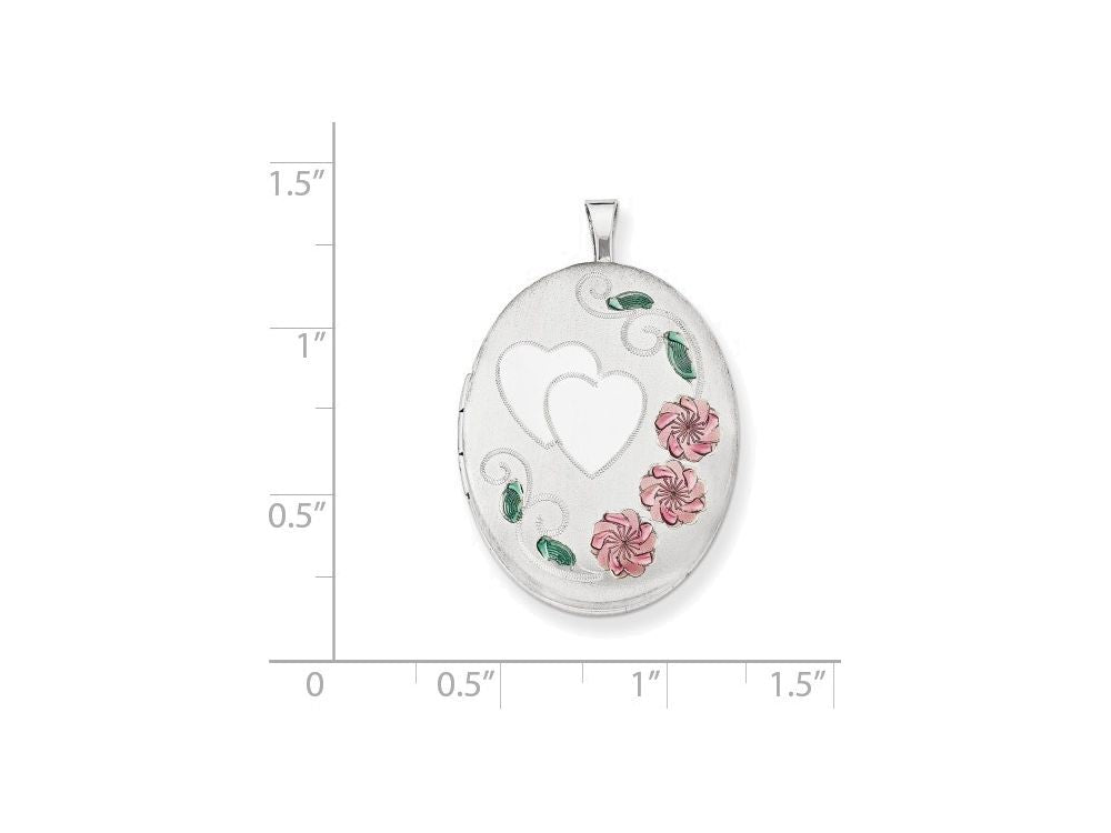 FJC Finejewelers Sterling Silver 26mm Enameled, D/c Floral and Heart Oval Locket Necklace