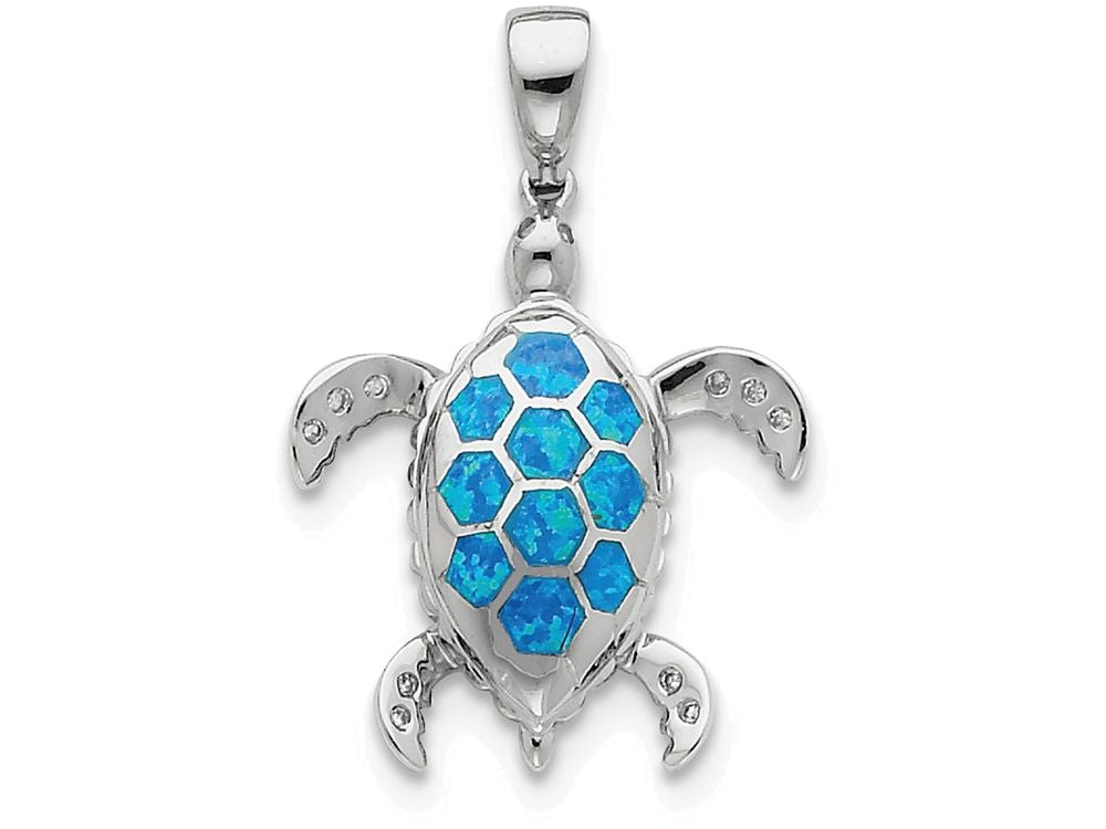 FJC Finejewelers Sterling Silver Created Blue Opal Inlay and Cubic Zirconia Tortoise Pendant Necklace - Chain Included