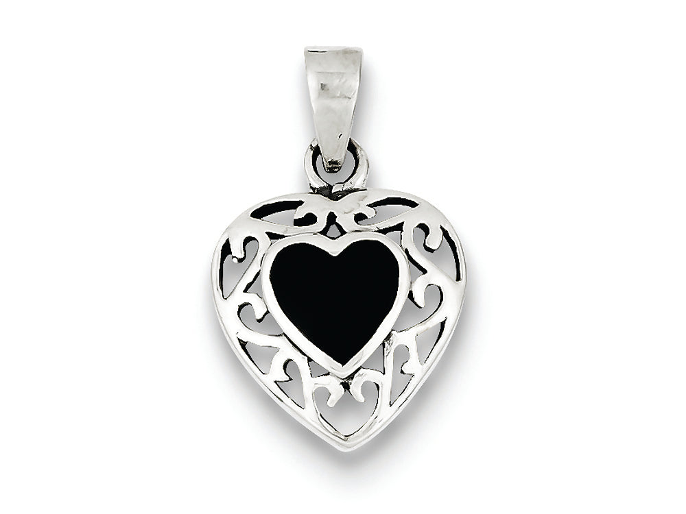 FJC Finejewelers Sterling Silver Onyx Heart Antiqued Pendant Necklace - Chain Included