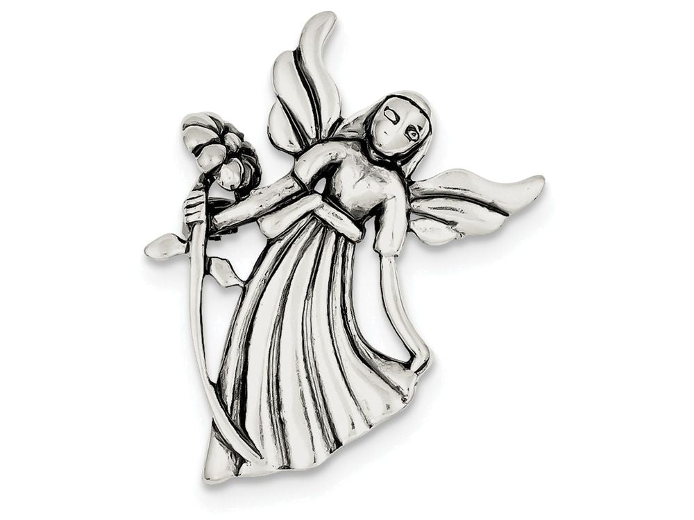 FJC Finejewelers Sterling Silver Polish and Antique Angel W/flower Pendant Necklace and Pin - Chain Included