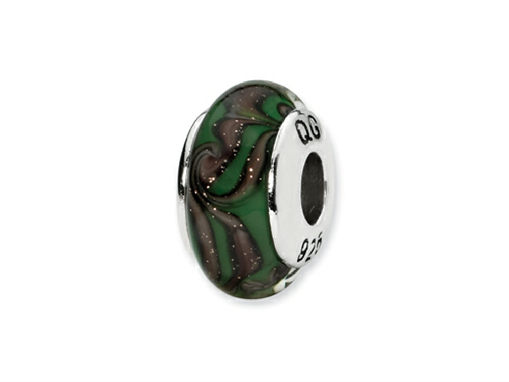 Reflections™ Sterling Silver Green/Tan Swirl Hand-blown Glass Bead / Charm