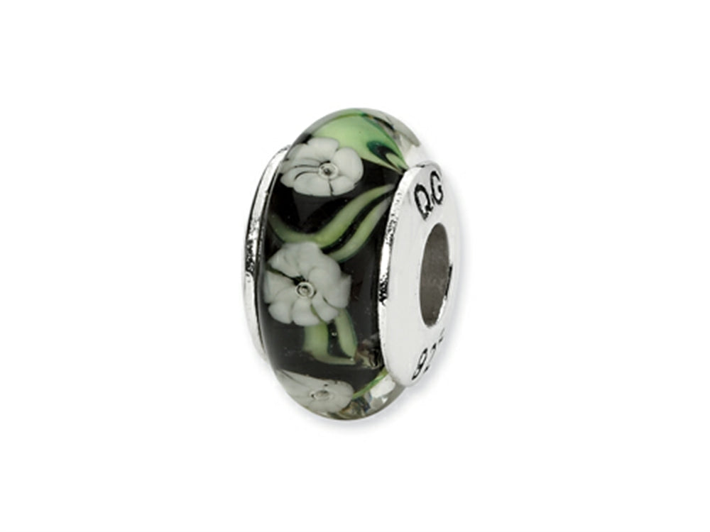 Reflections™ Sterling Silver Black/White Floral Hand-blown Glass Bead / Charm
