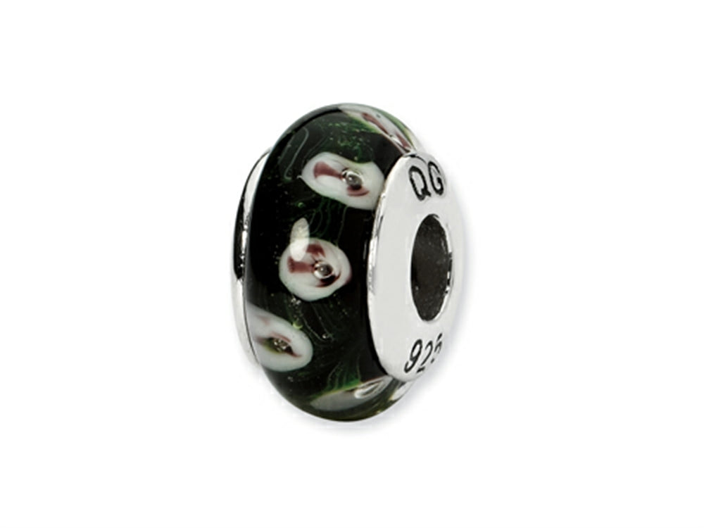 Reflections™ Sterling Silver Black/Purple Floral Hand-blown Glass Bead / Charm