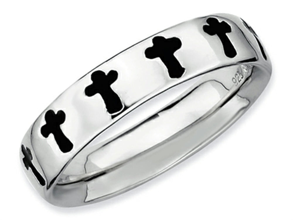 Stackable Expressions Sterling Silver Polished Enameled Cross Stackable Ring