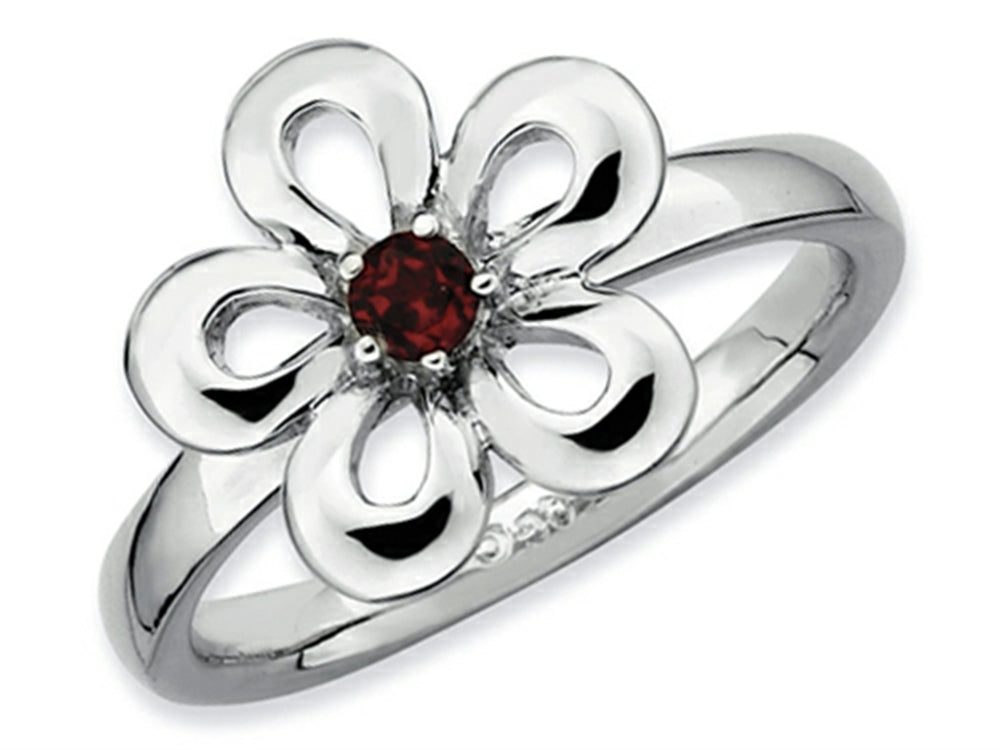 Stackable Expressions Sterling Silver Polished Garnet Flower Stackable Ring