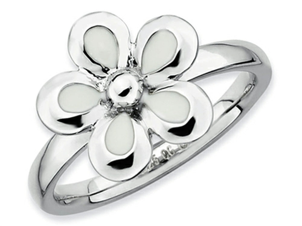 Stackable Expressions Sterling Silver Polished White Enameled Flower Stackable Ring