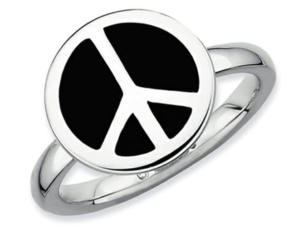 Stackable Expressions Sterling Silver Polished Black Enameled Peace Sign Stackable Ring