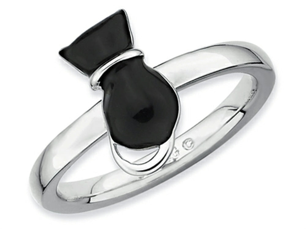 Stackable Expressions Sterling Silver Polished Black Enameled Cat Stackable Ring