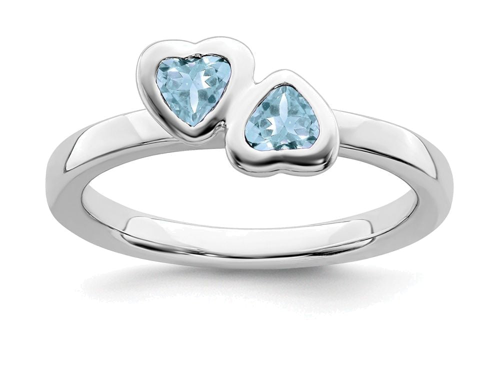 Stackable Expressions Sterling Silver Aquamarine Double Heart Stackable Ring