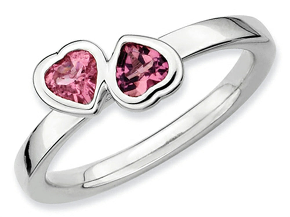 Stackable Expressions Sterling Silver Pink Tourmaline Double Heart Stackable Ring