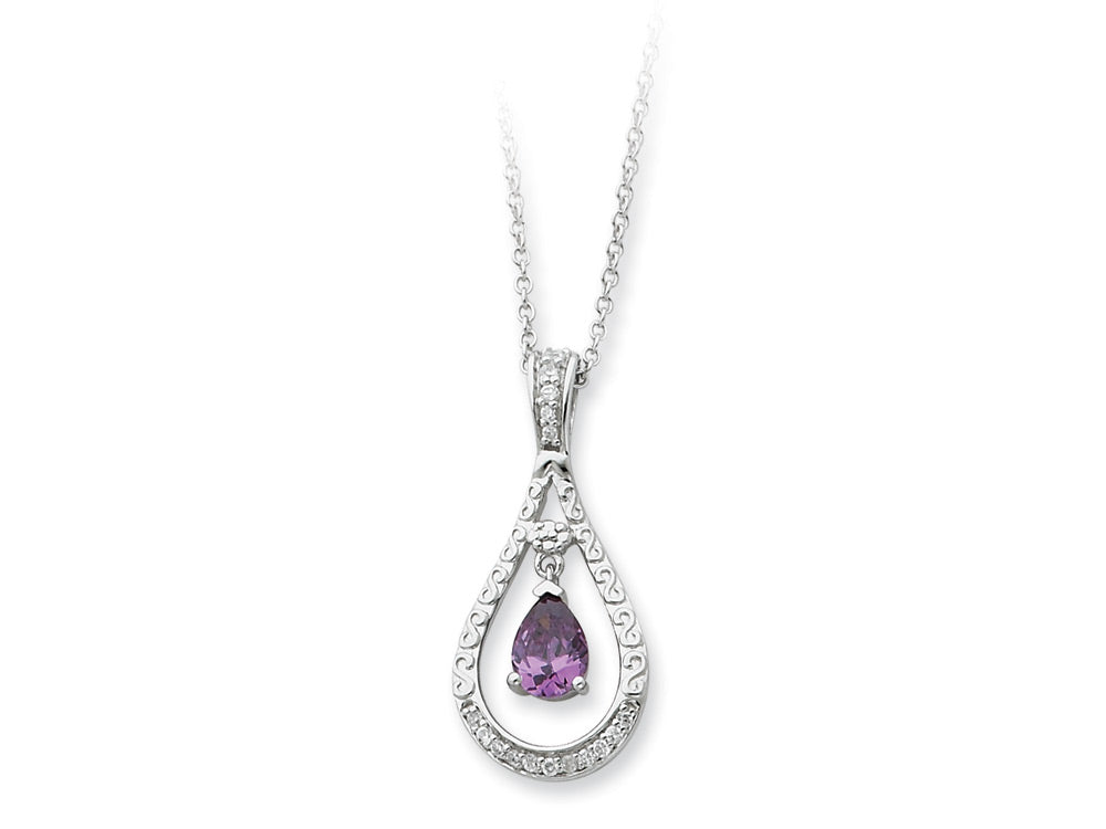 Sentimental Expressions(tm) Sterling Silver Feb. CZ Stone Never Forget Tear 18 Inch Birth Month Necklace