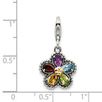 Sterling Silver With 14k Antiqued Multi Stone Flower With Lobster Clasp Charm