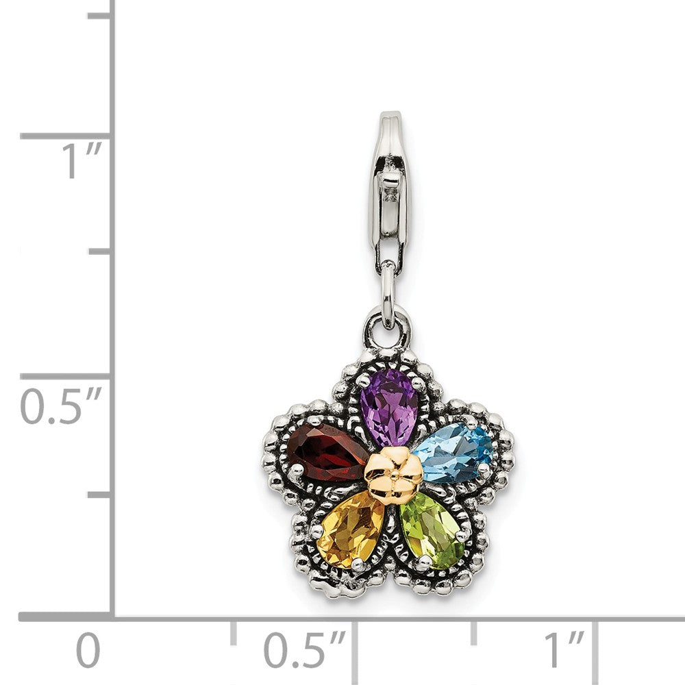 Sterling Silver With 14k Antiqued Multi Stone Flower With Lobster Clasp Charm