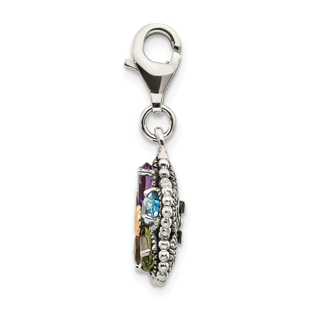 Sterling Silver With 14k Antiqued Multi Stone Flower With Lobster Clasp Charm
