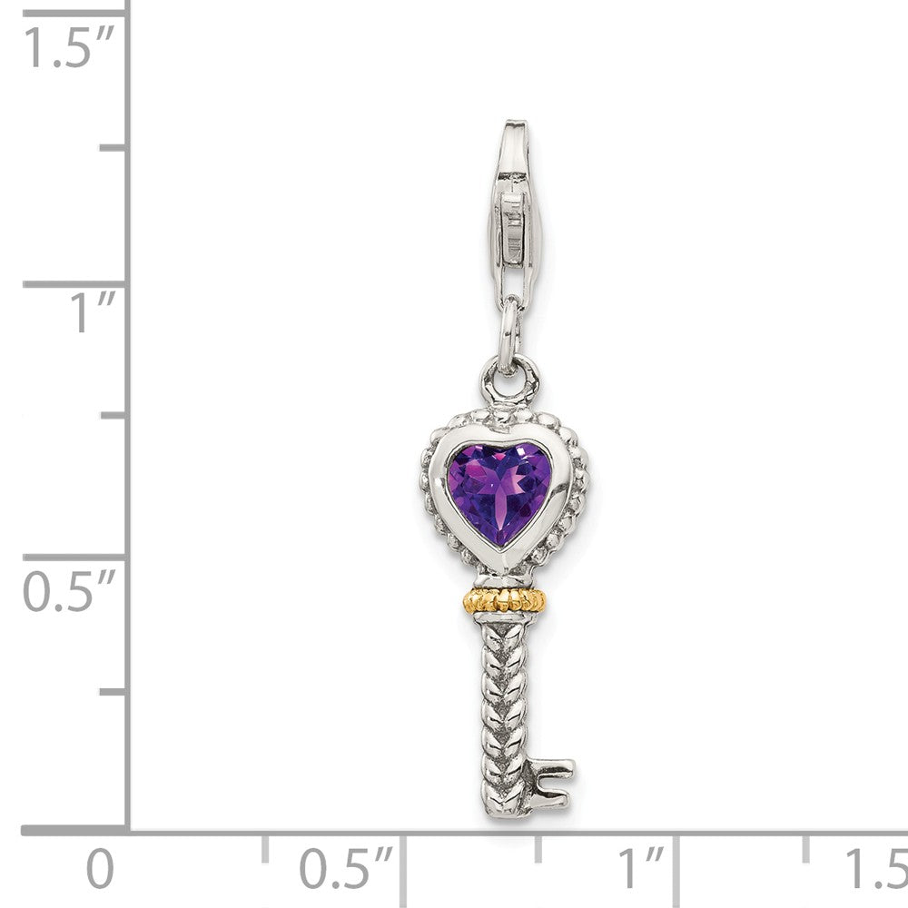 Sterling Silver With 14k Amethyst Antiqued Key With Lobster Clasp Charm
