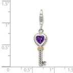 Sterling Silver With 14k Amethyst Antiqued Key With Lobster Clasp Charm