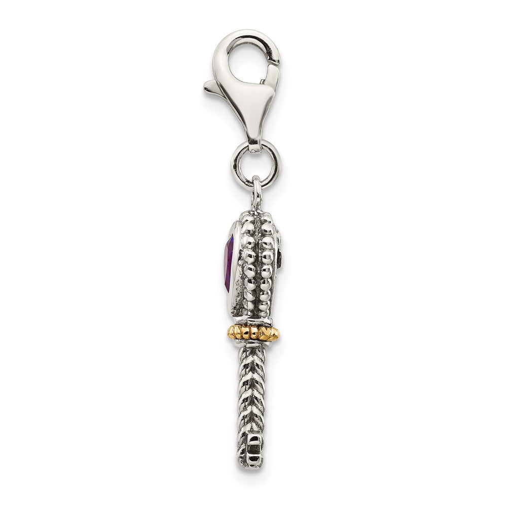 Sterling Silver With 14k Amethyst Antiqued Key With Lobster Clasp Charm
