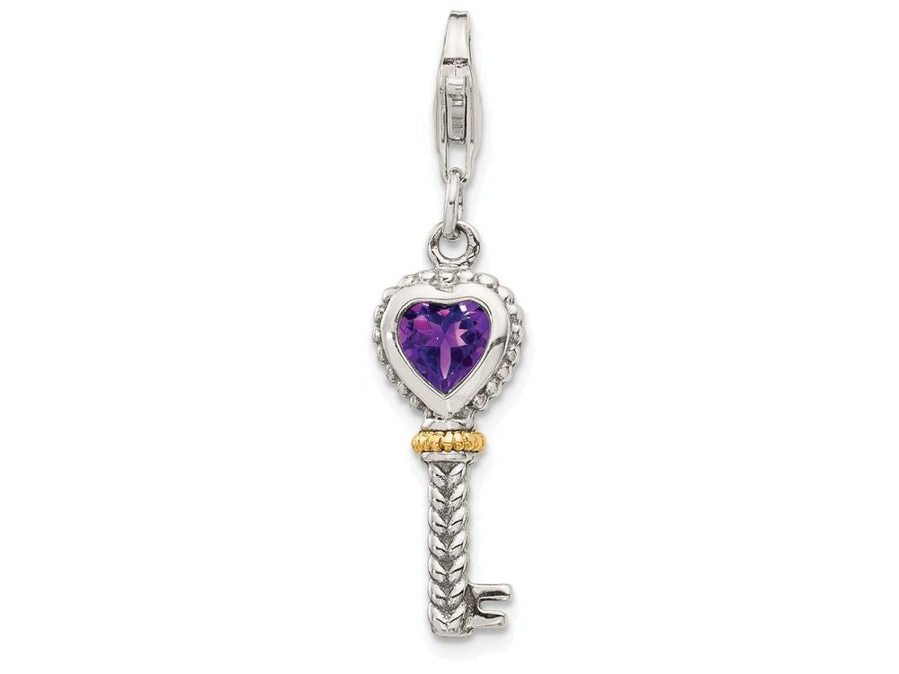 Sterling Silver With 14k Amethyst Antiqued Key With Lobster Clasp Charm