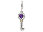 Sterling Silver With 14k Amethyst Antiqued Key With Lobster Clasp Charm