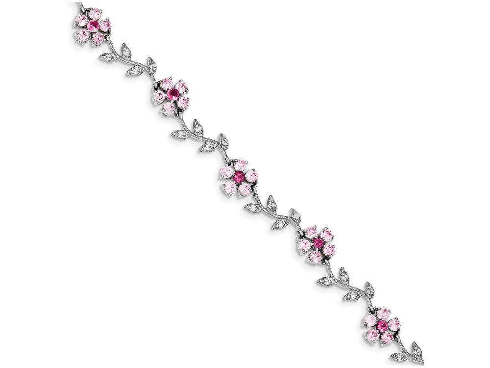 FJC Finejewelers Sterling Silver 7.75inch Pink And Clear Cubic Zirconia Flower Bracelet