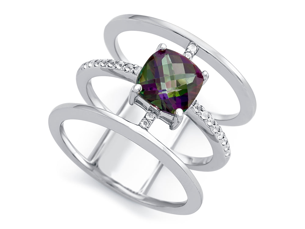FJC Finejewelers Sterling Silver 3 Triple Band Ring with 7mm Mystic Topaz Cushion-Cut