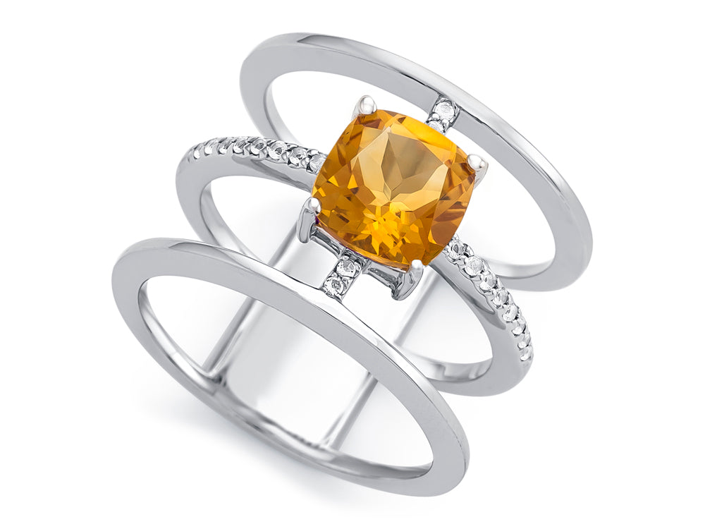 FJC Finejewelers Sterling Silver 3 Triple Band Ring with 7mm Citrine Cushion-Cut