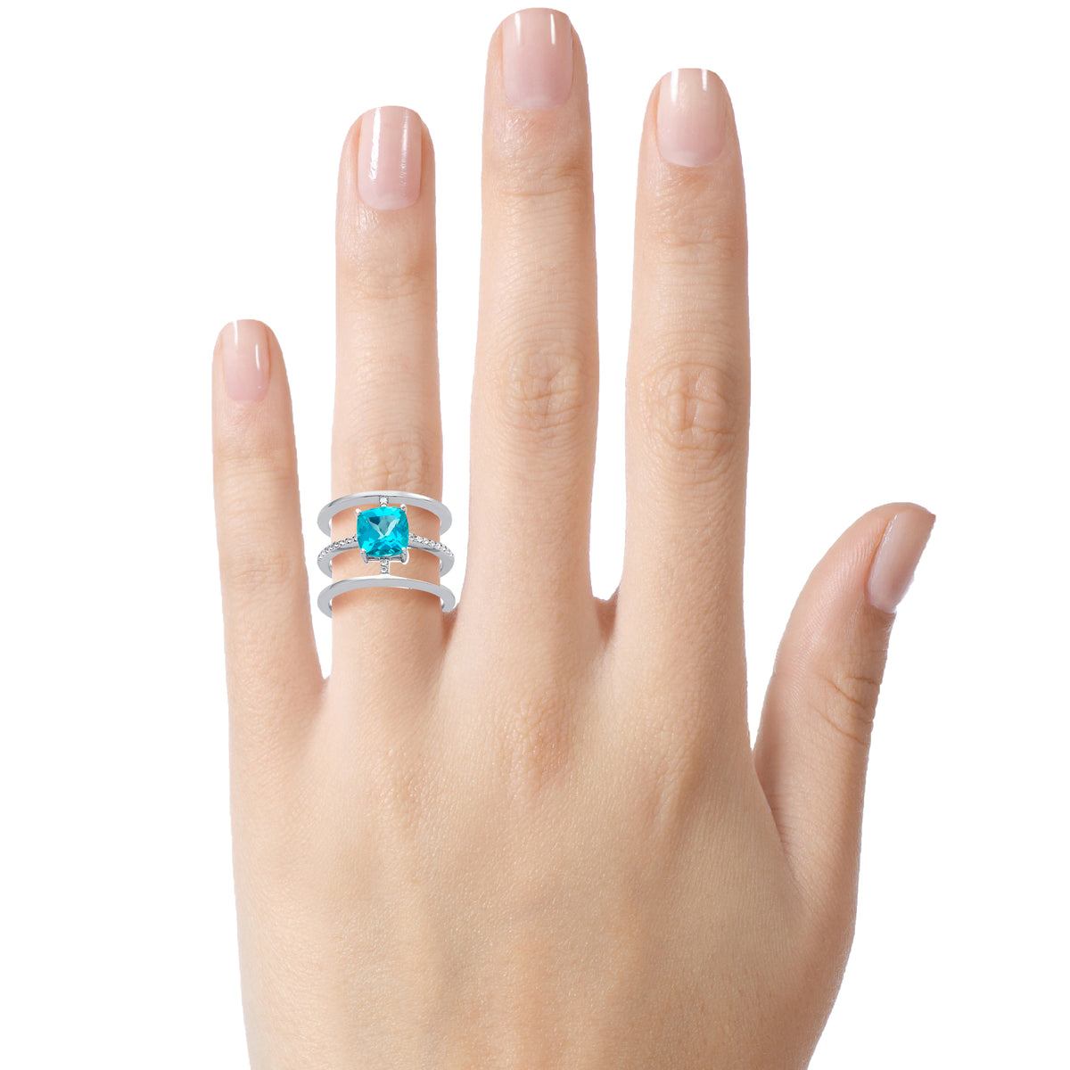 FJC Finejewelers Sterling Silver 3 Triple Band Ring with 7mm Coated Paraiba Topaz Cushion-Cut