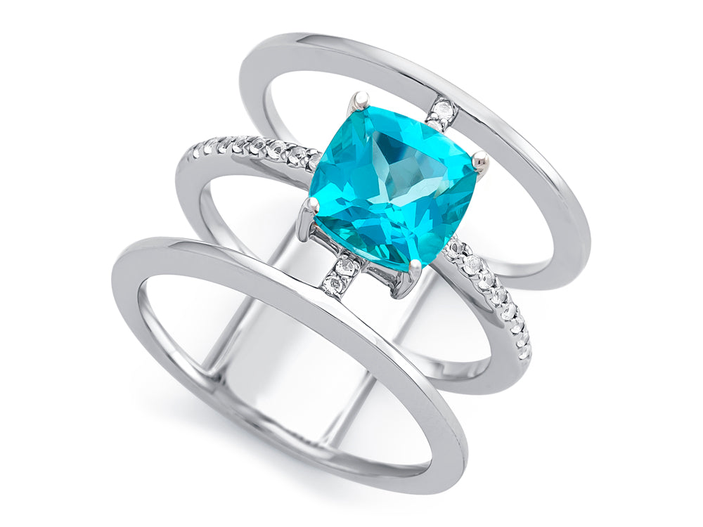 FJC Finejewelers Sterling Silver 3 Triple Band Ring with 7mm Coated Paraiba Topaz Cushion-Cut