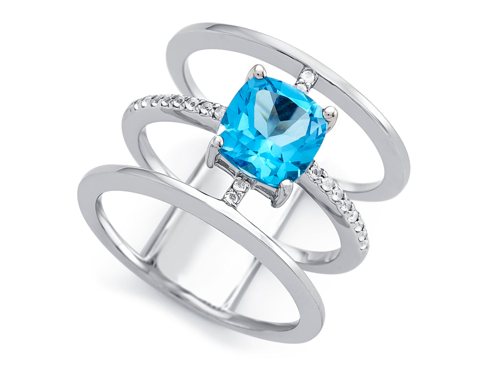 FJC Finejewelers Sterling Silver 3 Triple Band Ring with 7mm Swiss Blue Topaz Cushion-Cut