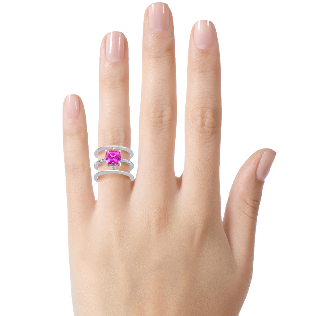 FJC Finejewelers Sterling Silver 3 Triple Band Ring with 7mm Created Pink Sapphire Cushion-Cut