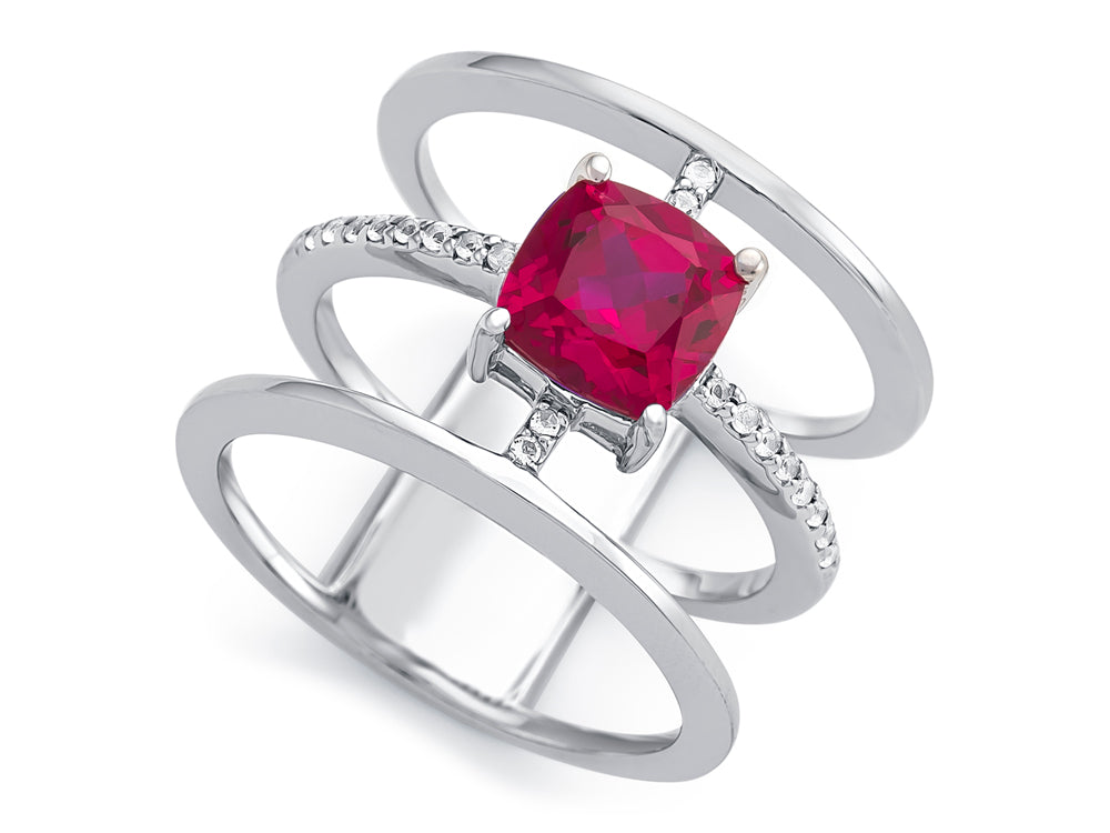 FJC Finejewelers Sterling Silver 3 Triple Band Ring with 7mm Created Ruby Cushion-Cut
