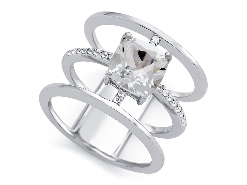 FJC Finejewelers Sterling Silver 3 Triple Band Ring with 7mm White Topaz Cushion-Cut