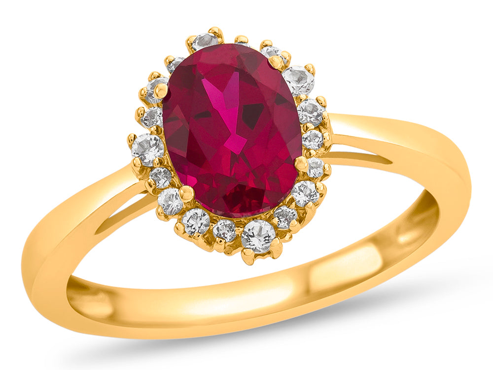 FJC Finejewelers 10k Yellow Gold 8x6mm Oval Created Ruby with White Topaz accent stones Halo Ring