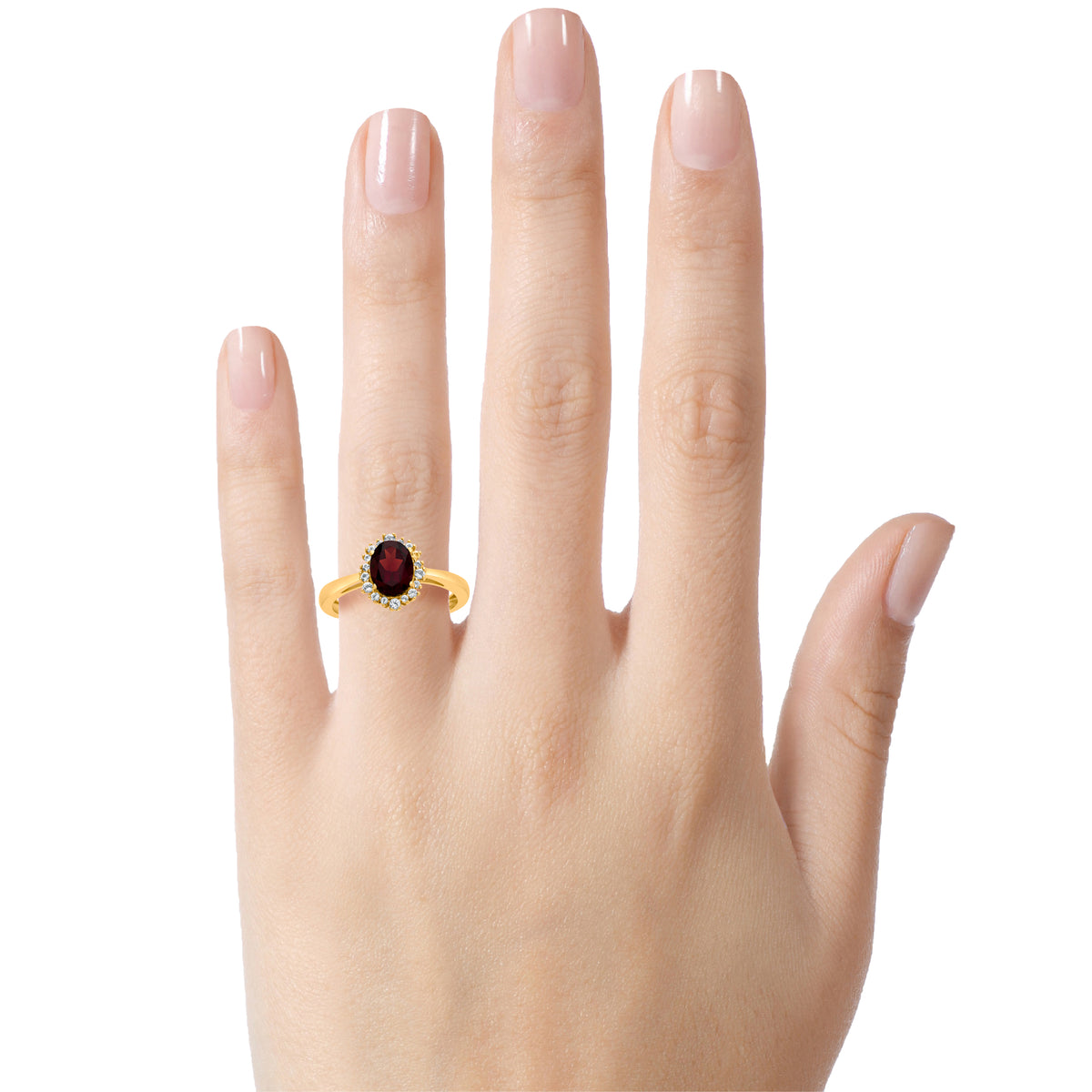 FJC Finejewelers 10k Yellow Gold  8x6mm Oval Garnet with White Topaz accent stones Halo Ring