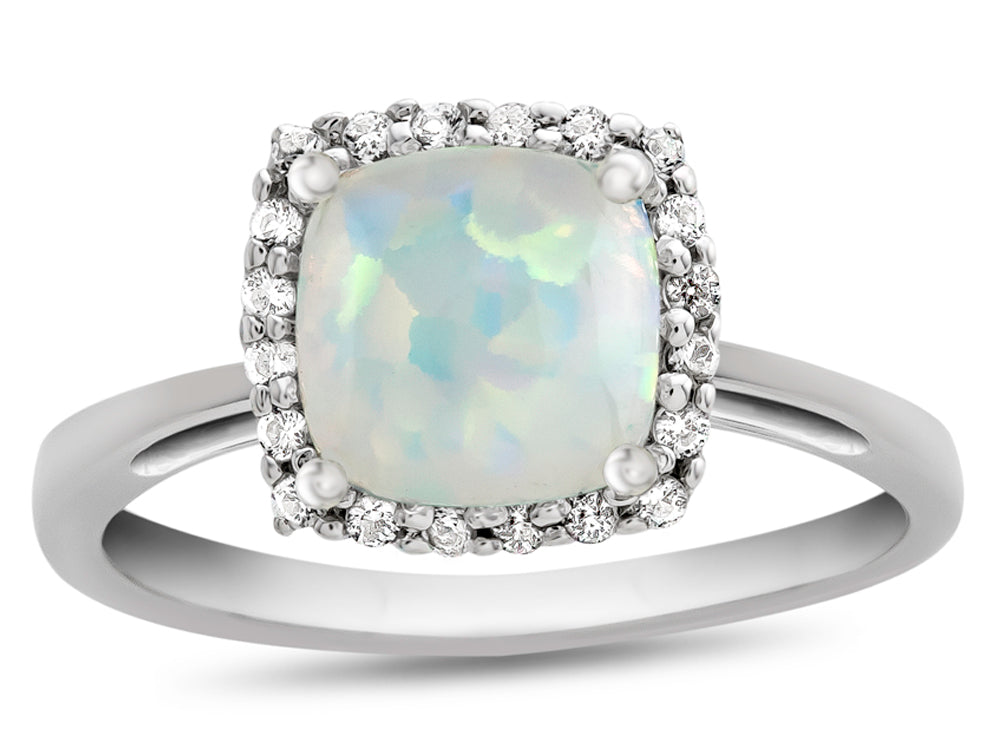 FJC Finejewelers 10k White Gold 6mm Cushion-Cut Created Opal with White Topaz accent stones Halo Ring