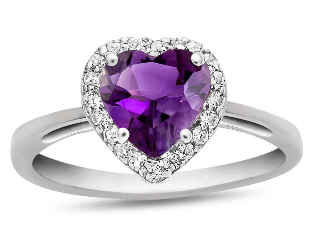 FJC Finejewelers 10k White Gold 6mm Heart Shaped Amethyst with White Topaz accent stones Halo Ring