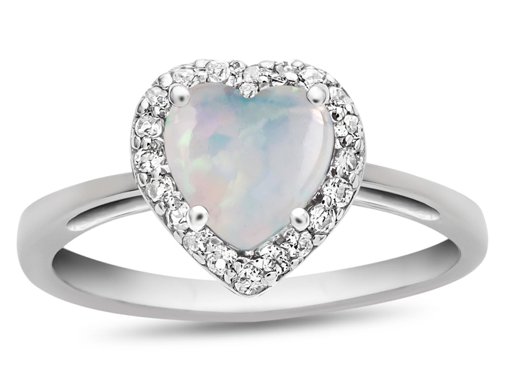 FJC Finejewelers 10k White Gold 6mm Heart Shaped Created Opal with White Topaz accent stones Halo Ring