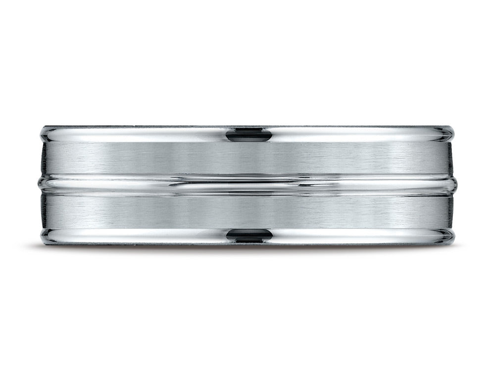 Benchmark® 14k Gold 7mm Comfort-fit Satin-finished High Polished Center Trim And Round Edge Wedding Band Ring