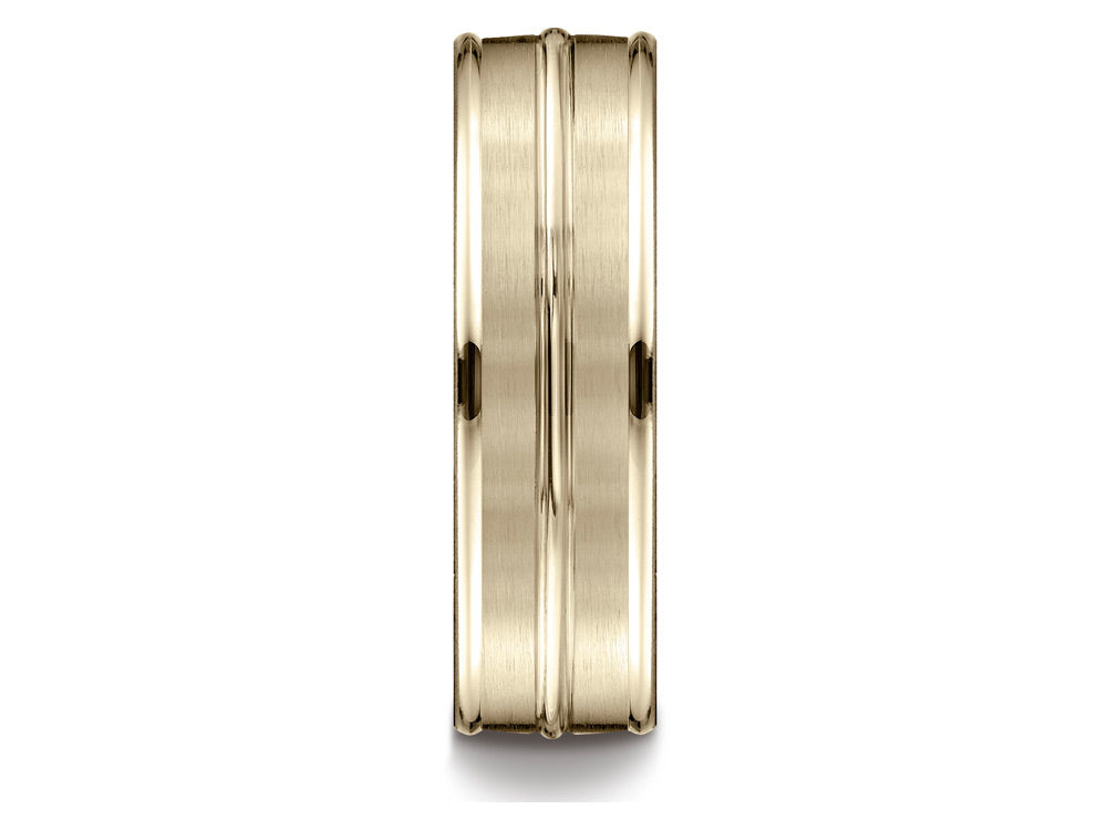 Benchmark® 14k Gold 7mm Comfort-fit Satin-finished High Polished Center Trim And Round Edge Wedding Band Ring