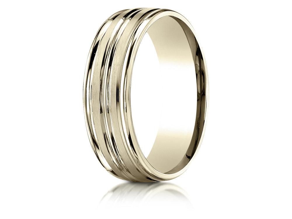 Benchmark® 14k Gold 7mm Comfort-fit Satin-finished High Polished Center Trim And Round Edge Wedding Band Ring
