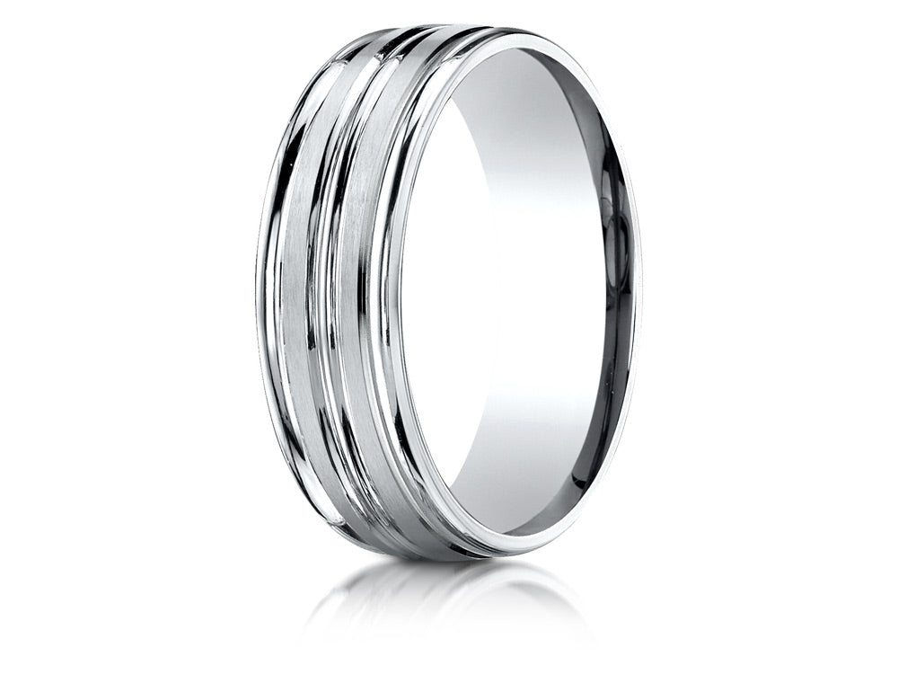 Benchmark® 18k Gold 7mm Comfort-fit Satin-finished High Polished Center Trim And Round Edge Wedding Band Ring