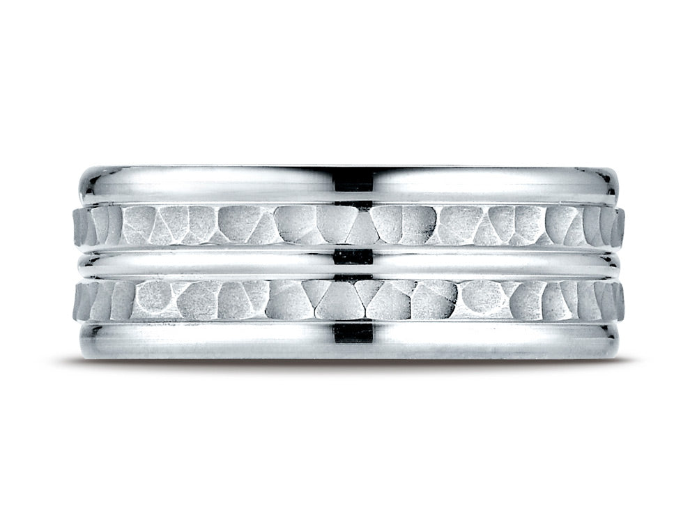 Benchmark® 14k Gold 8mm Comfort-fit Hammer-finished Polished Center Trim Round Edge Wedding Band Ring