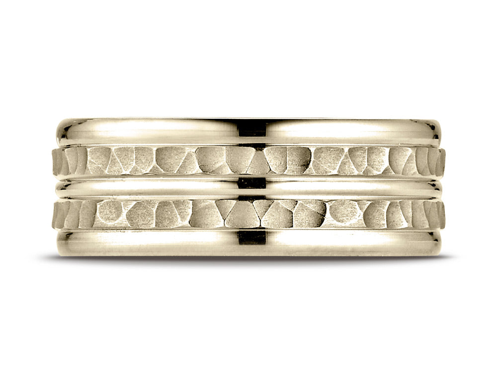 Benchmark® 14k Gold 8mm Comfort-fit Hammer-finished Polished Center Trim Round Edge Wedding Band Ring