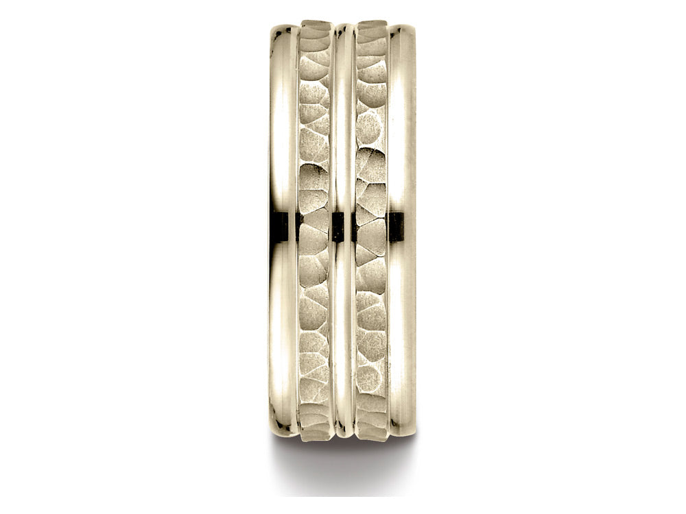Benchmark® 14k Gold 8mm Comfort-fit Hammer-finished Polished Center Trim Round Edge Wedding Band Ring