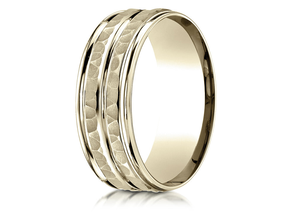 Benchmark® 14k Gold 8mm Comfort-fit Hammer-finished Polished Center Trim Round Edge Wedding Band Ring