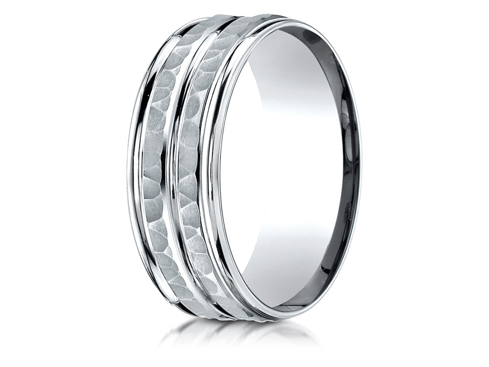 Benchmark® 14k Gold 8mm Comfort-fit Hammer-finished Polished Center Trim Round Edge Wedding Band Ring