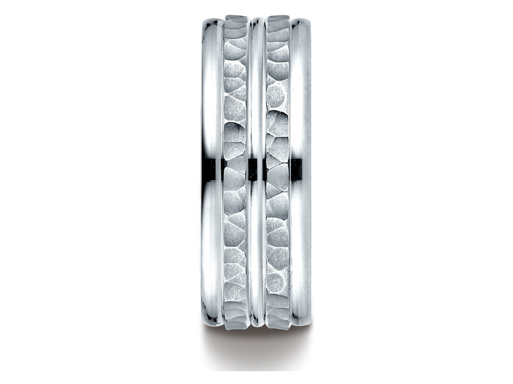 Benchmark® 10k Gold 8mm Comfort-fit Hammer-finished Polished Center Trim Round Edge Wedding Band Ring