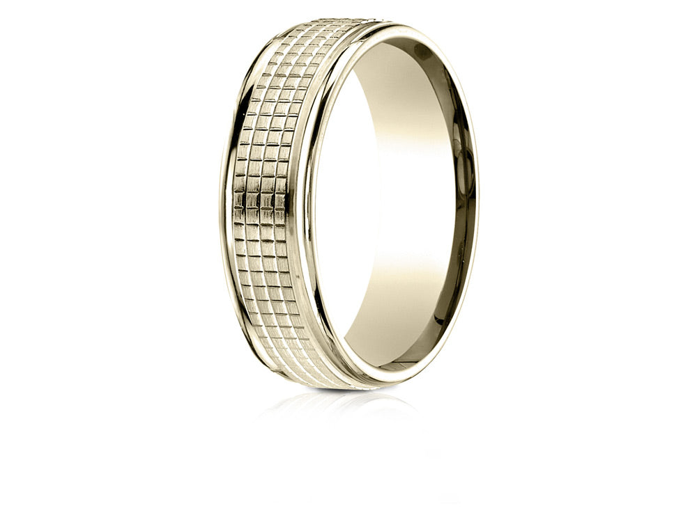 Benchmark® 14 Karat Gold 7mm Comfort-fit High Polish Round Edge Cross Hatch Center Design Wedding Band Ring