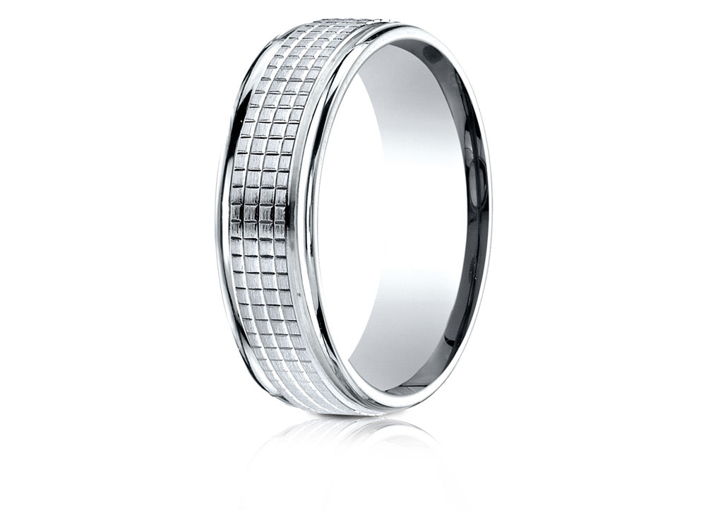 Benchmark® 14 Karat Gold 7mm Comfort-fit High Polish Round Edge Cross Hatch Center Design Wedding Band Ring