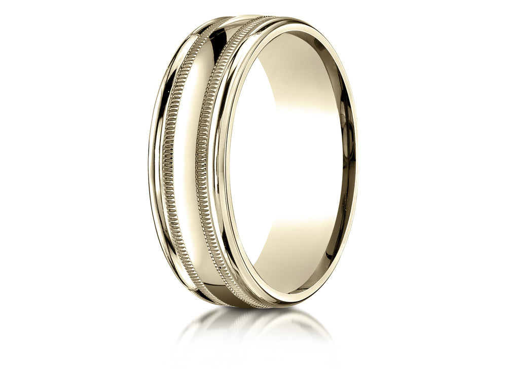 Benchmark® 18k Gold 7mm Comfort-fit High Polished With Milgrain Round Edge Carved Design Wedding Band Ring